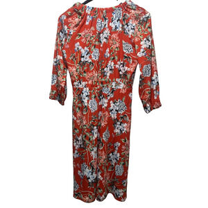 H&M Red Floral Midi Dress 3/4 Sleeve Elastic Waist Casual Party Size S